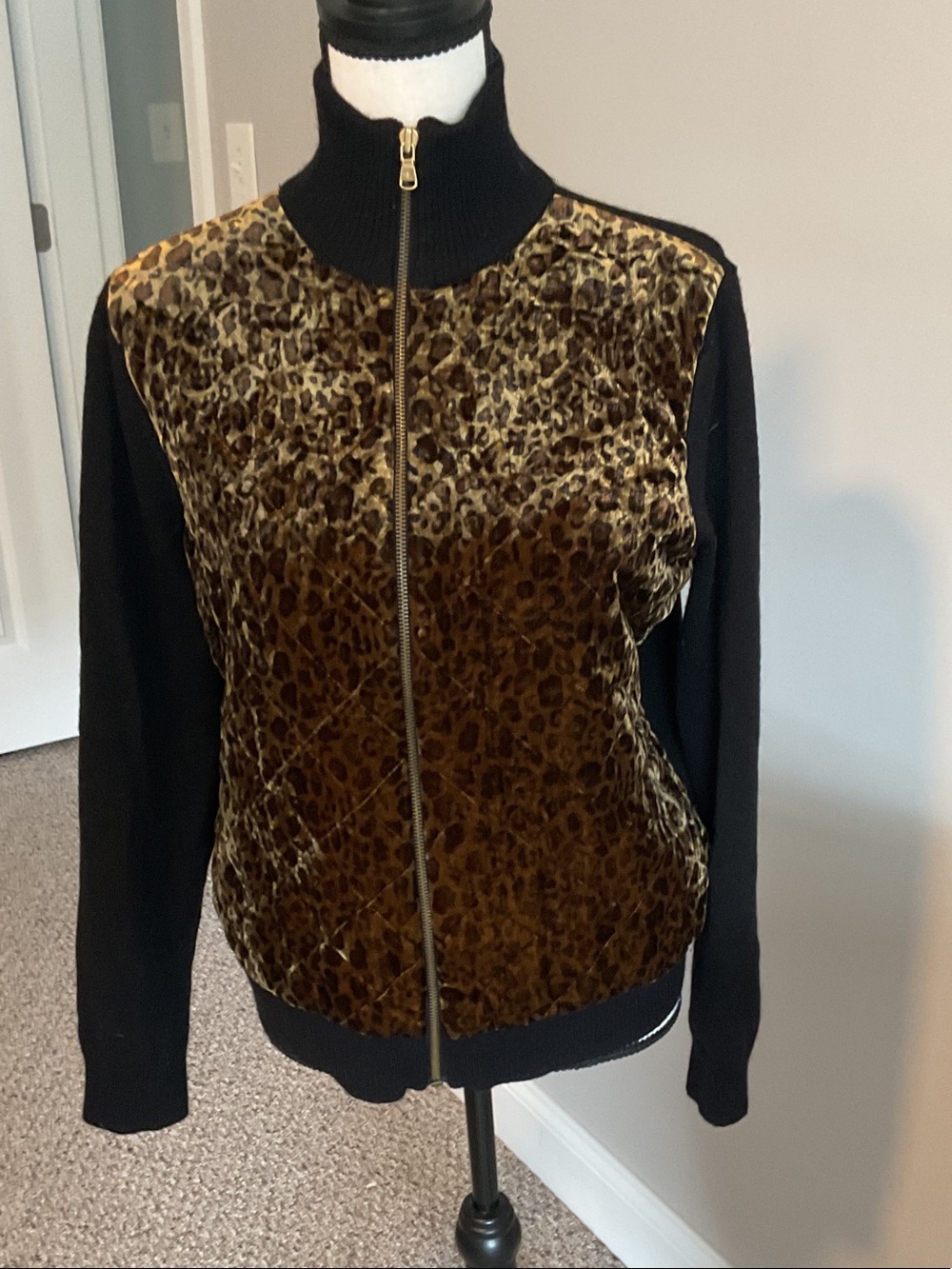 Ralph Lauren Leopard Velvet-Front Bomber sweater Black/Brown